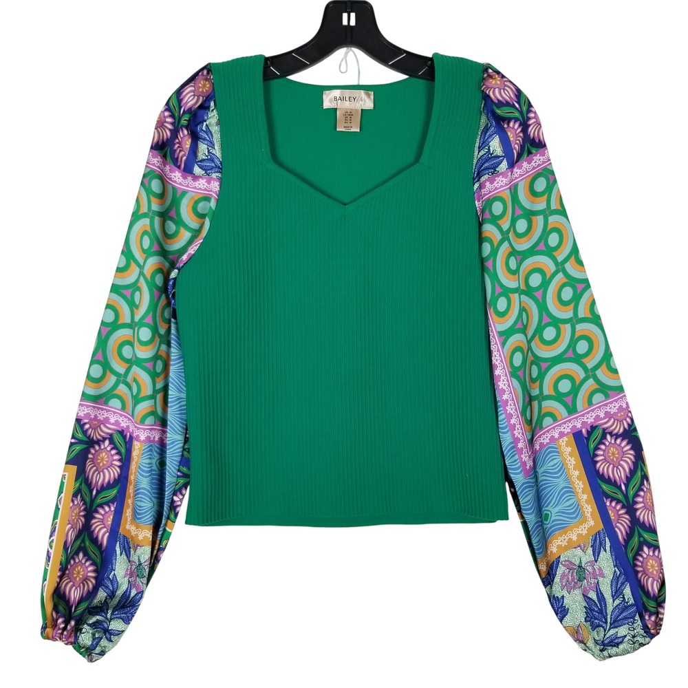 Bailey 44 Blouse Womens Medium Green Mixed Media Ribbed Knit Balloon Sleeve Top